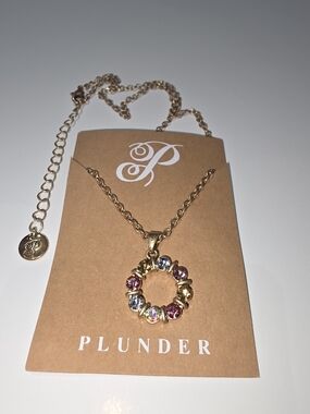 Plunder Gold-tone Multicolor Crystal Ring Pendant Necklace
